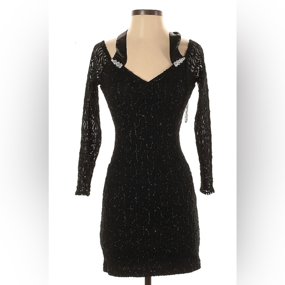 Vintage 90s Frederick’s of Hollywood Sparkly Bodycon Elegant Black Lace Dress XS